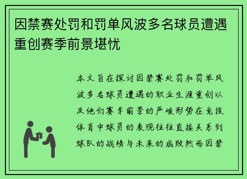 因禁赛处罚和罚单风波多名球员遭遇重创赛季前景堪忧