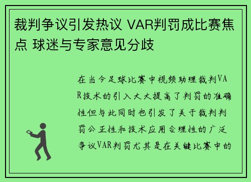 裁判争议引发热议 VAR判罚成比赛焦点 球迷与专家意见分歧