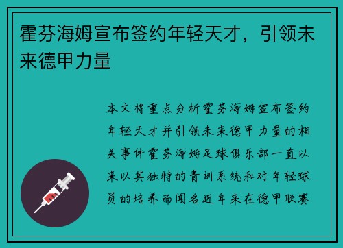 霍芬海姆宣布签约年轻天才,引领未来德甲力量 霍芬海姆宣布签约年轻天才,引领未来德甲力量
